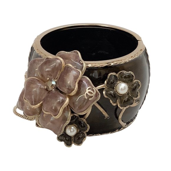 Chanel Taupe Logo Enamel Cuff with Camellias Bracelet - Picture 1 of 7
